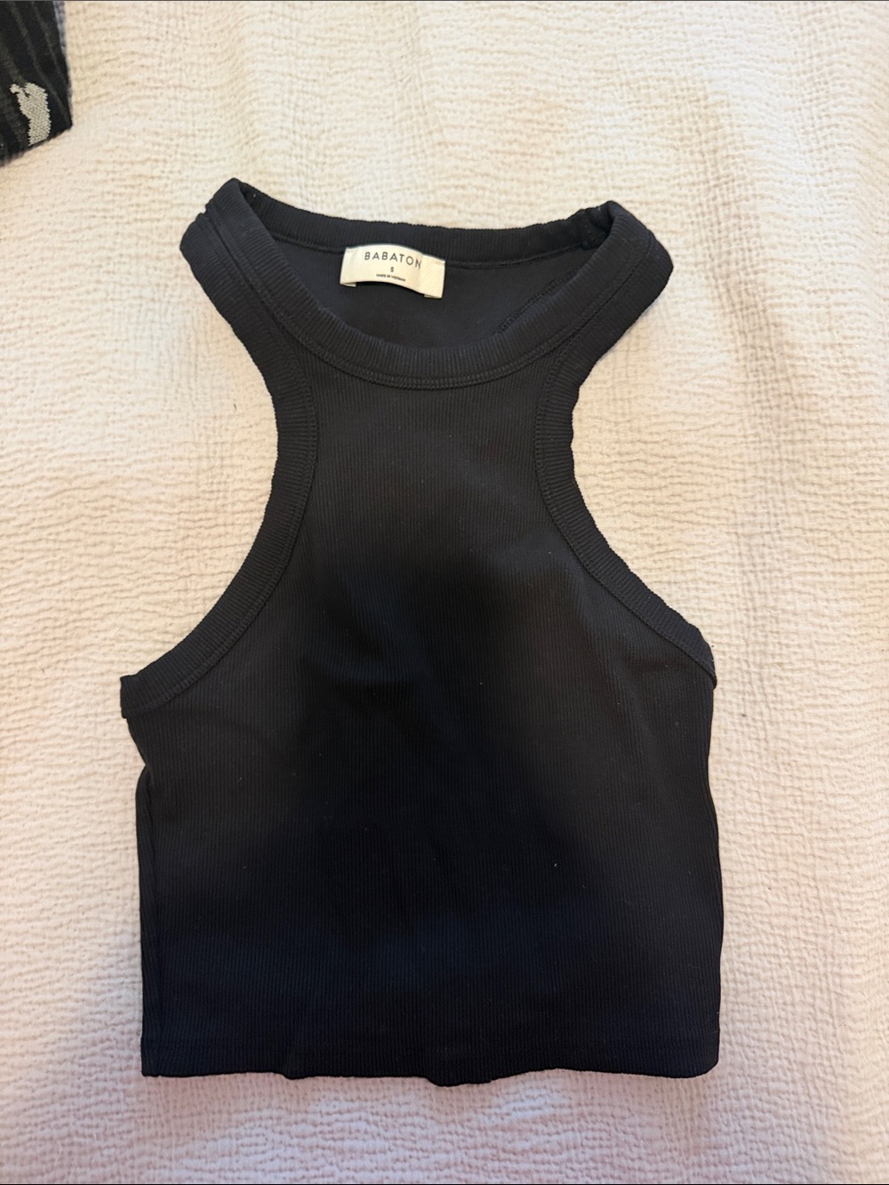 Babaton Black Ribbed High-Neck Racerback Crop